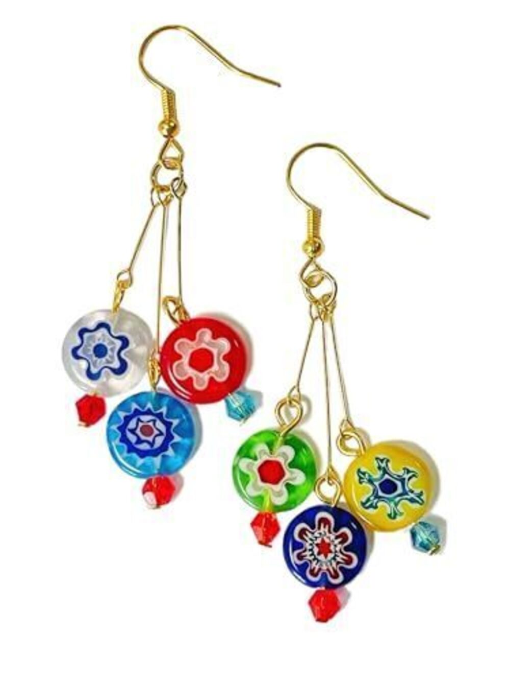 9262 Murano Style Glass Earrings, Colorful Millefiori Beads Drop Dangle